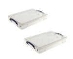 Clear plastic storage bins with blue handles for organizing tools and parts
