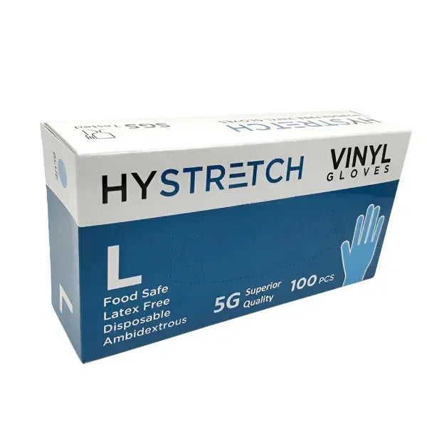 Hystretch Vinyl Gloves - Food Safe, Latex Free, Disposable, 100 PCS, Size L
