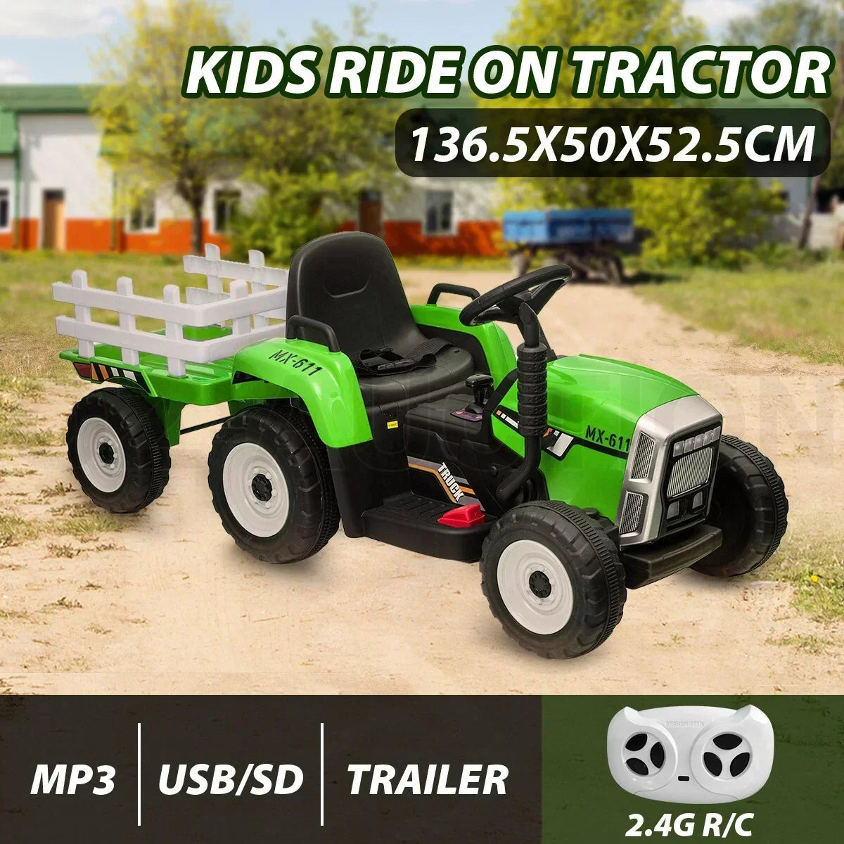 12V Kids Ride On Tractor Toy Electric Car Battery Kids Operated Toddlers - Green