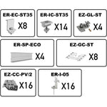 Solar panel mounting hardware kit with ER-EC-ST35, EZ-GL-ST, ER-SP-ECO, and other compatible brackets