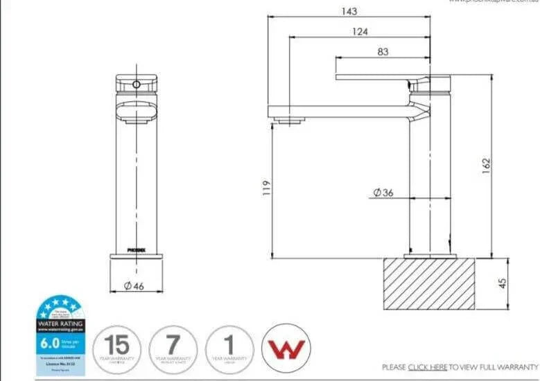 Technical diagram of a faucet with dimensions, water rating, and warranty details for plumbing parts