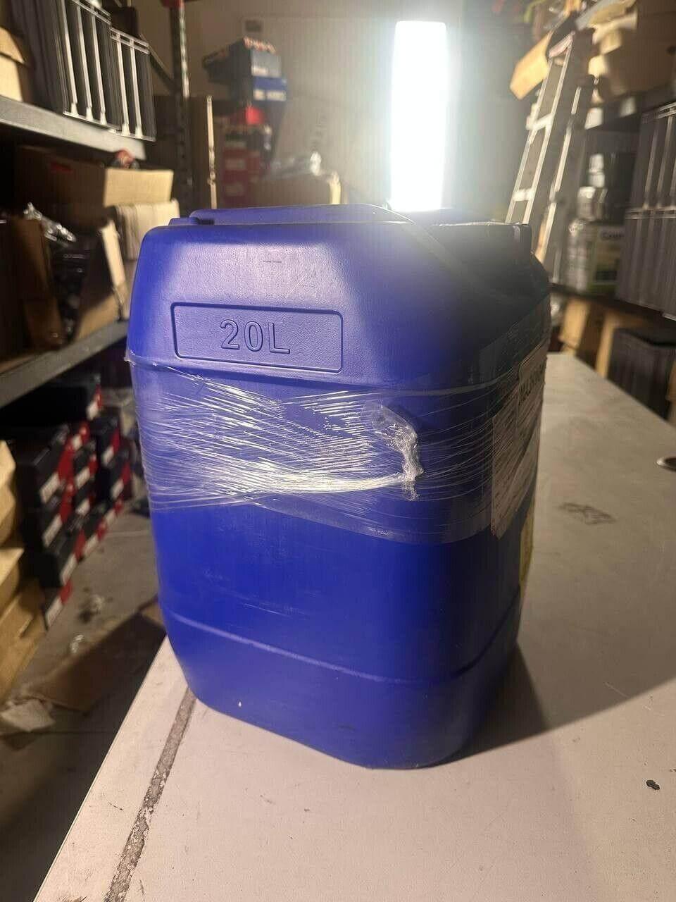 Blue 20L plastic jerrycan wrapped in cling film, warehouse storage, industrial parts supply