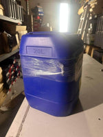 Blue 20L plastic jerrycan wrapped in cling film, warehouse storage, industrial parts supply