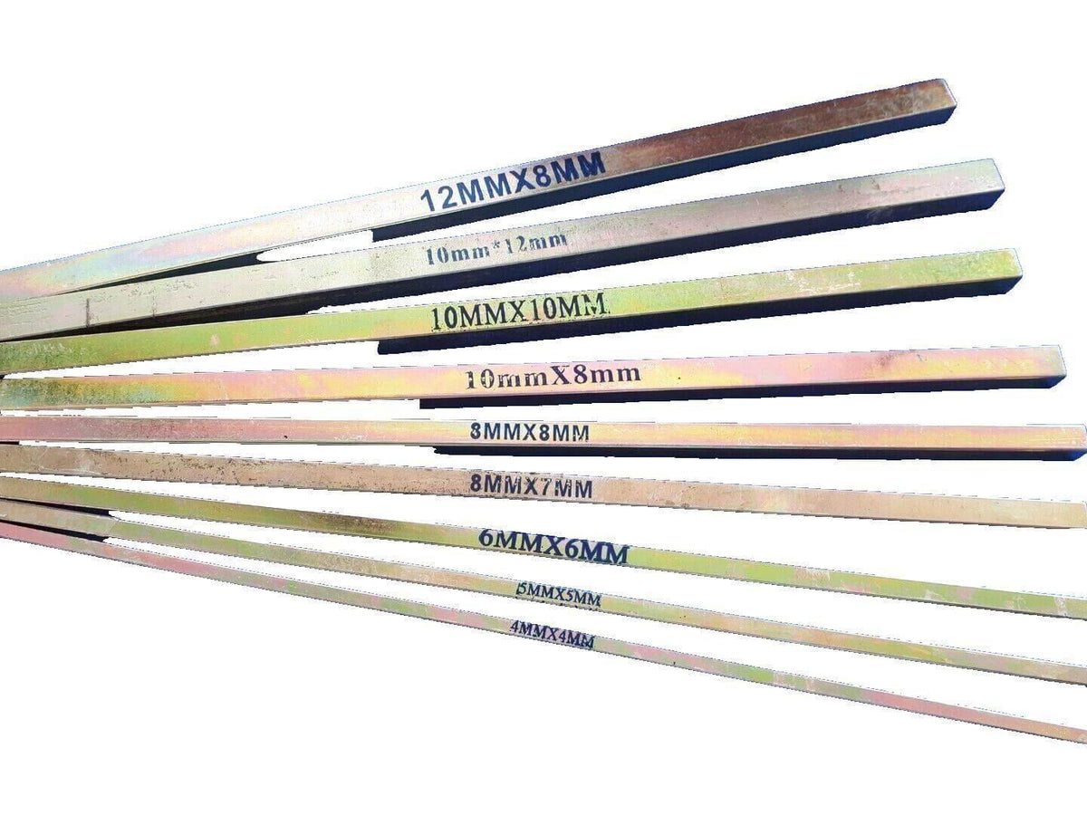 Assorted metal flat bars with labeled dimensions for industrial and tractor parts applications