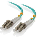 Teal fiber optic cable with LC connectors for network data transmission
