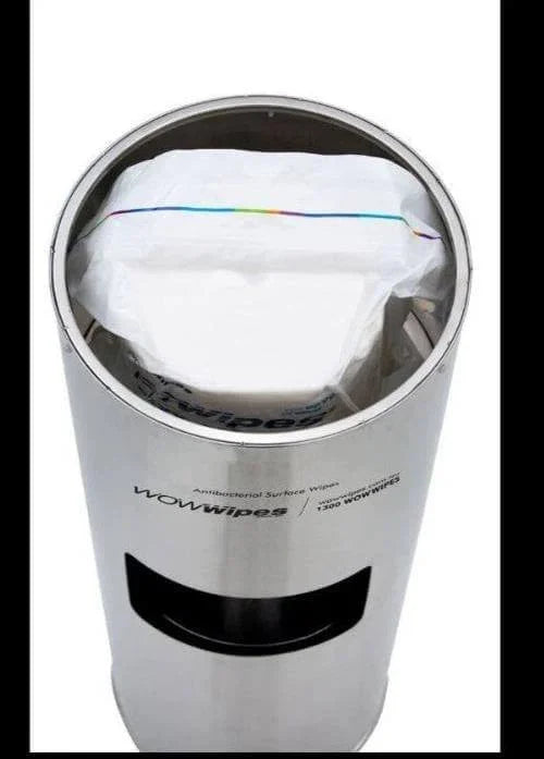 Stainless steel dispenser with WOWWipes antibacterial surface wipes, rainbow stripe detail visible