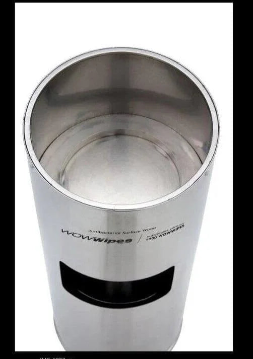 Stainless steel dispenser for WOWWipes antibacterial surface wipes, ideal for office or industrial use.