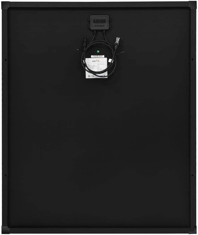 Black solar panel with VoltX label and attached cables for energy systems