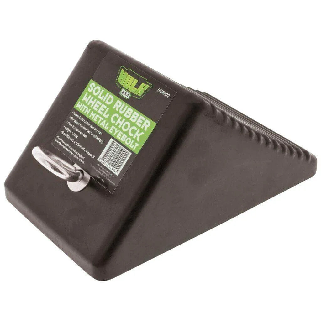 Solid rubber wheel chock with metal eyebolt for vehicle safety and secure parking