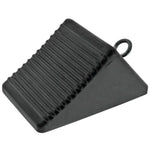 Black rubber door stop with ribbed texture and hanging loop for secure placement
