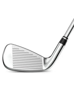 Shiny golf club iron with grooved face and sleek metallic shaft