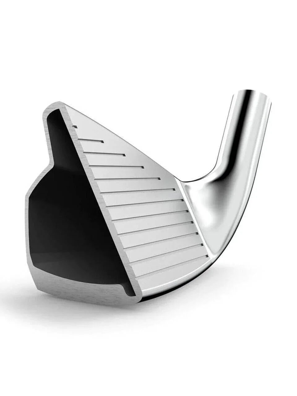 Shiny metal golf club head with black cavity back design, showcasing grooved face and sleek shaft