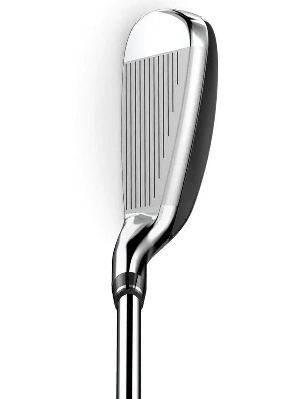 Shiny golf iron club head with grooved face and sleek metal shaft, isolated on white background