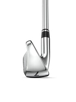 Shiny golf club iron with sleek metallic finish and black grip detail