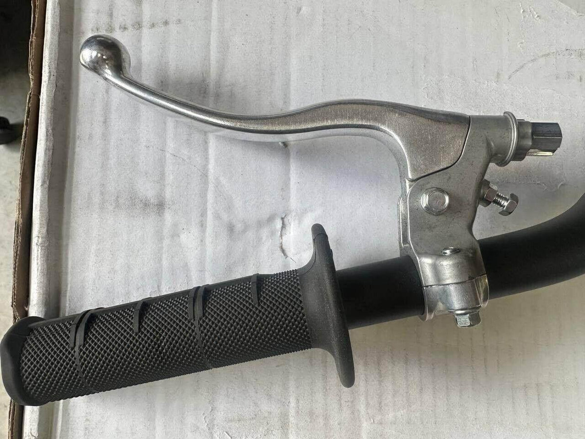 Motorcycle brake lever with black grip handle, metal construction, and mounting hardware