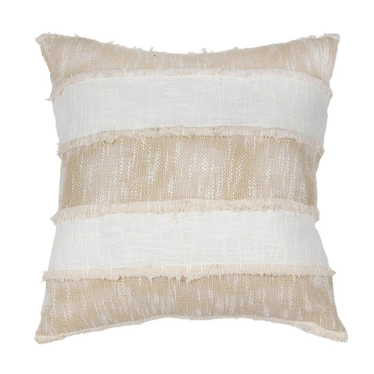 Beige and white striped throw pillow with frayed edges, textured woven fabric, home decor accent