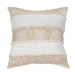 Beige and white striped throw pillow with frayed edges, textured woven fabric, home decor accent