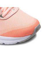 Pink knit running shoe with white sole and gray accents