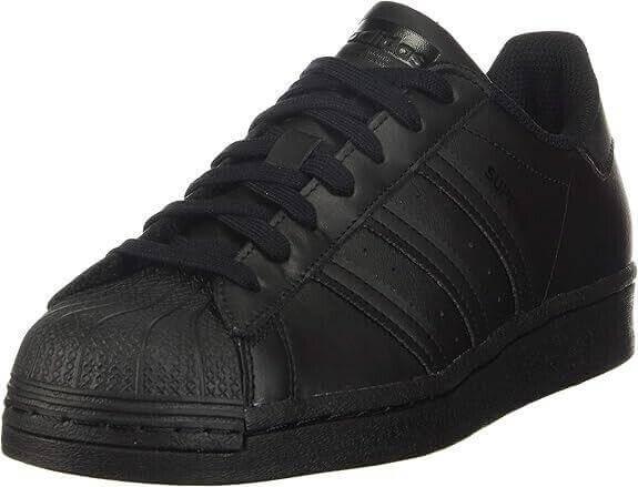 Black Adidas Superstar sneaker with classic shell toe and three stripes design