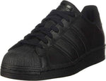 Black Adidas Superstar sneaker with classic shell toe and three stripes design