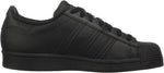 Black Adidas Superstar sneaker with classic stripes and rubber toe cap