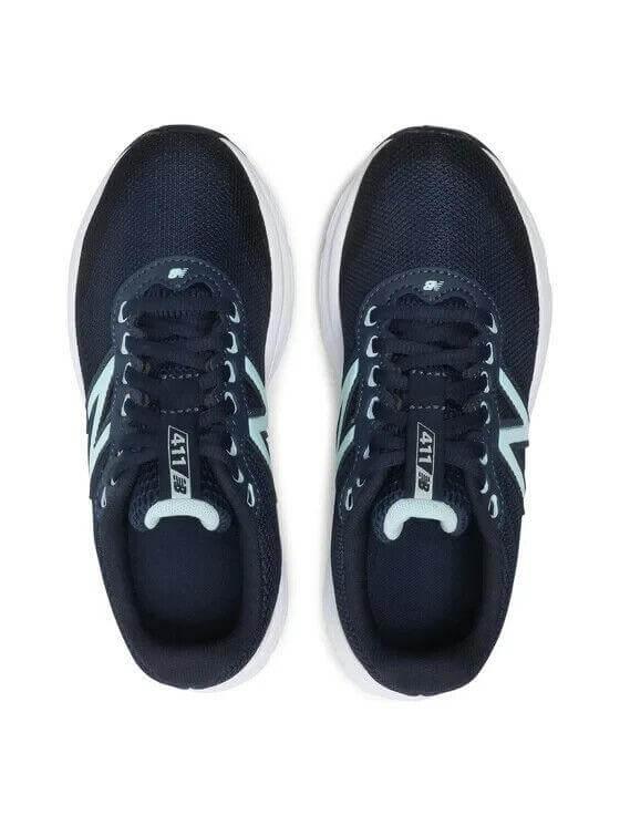 Black New Balance 411 running shoes with mint accents and white soles