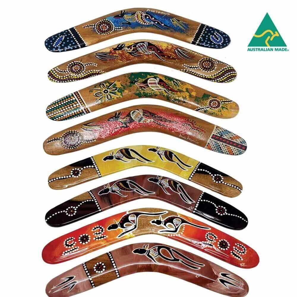 Australian-made boomerangs with Aboriginal art designs, featuring kangaroos and dot patterns