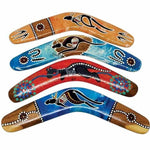 Colorful Australian boomerangs with Aboriginal art designs featuring kangaroos and dot patterns