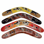 Hand-painted boomerangs with kangaroo designs, vibrant colors, and dot art patterns