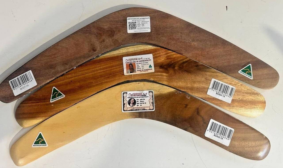 Authentic Australian-made wooden boomerangs with certificates and barcodes, ideal for collectors or gifts.