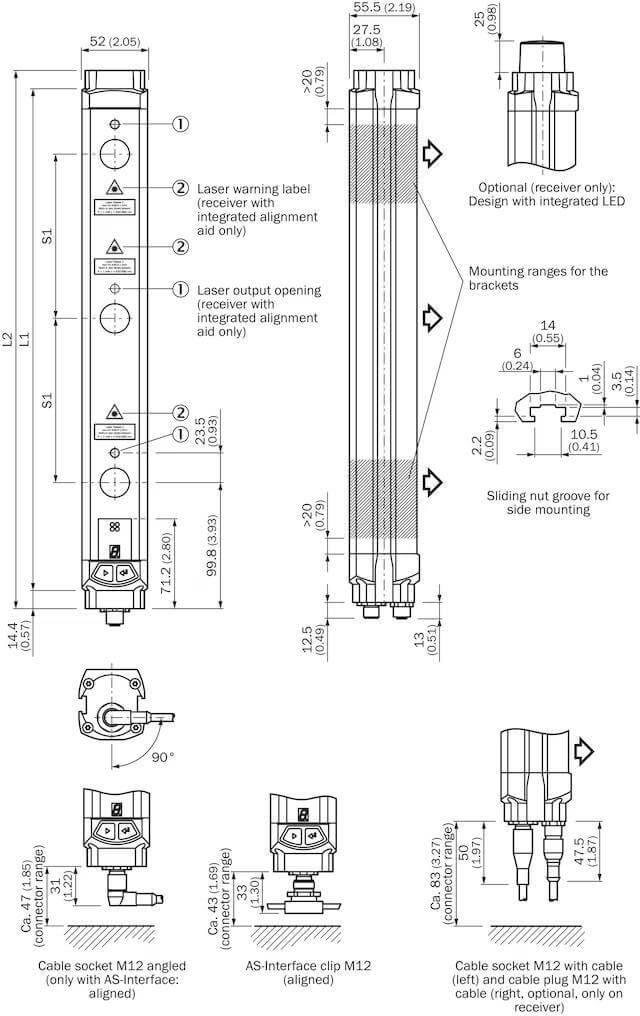 Technical diagram of industrial sensor with M12 cable sockets, AS-Interface clip, and laser warning label