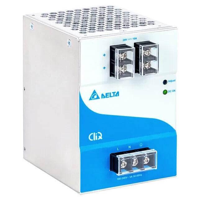 Delta CLIQ 24V 15A power supply unit with terminal connectors and indicator lights