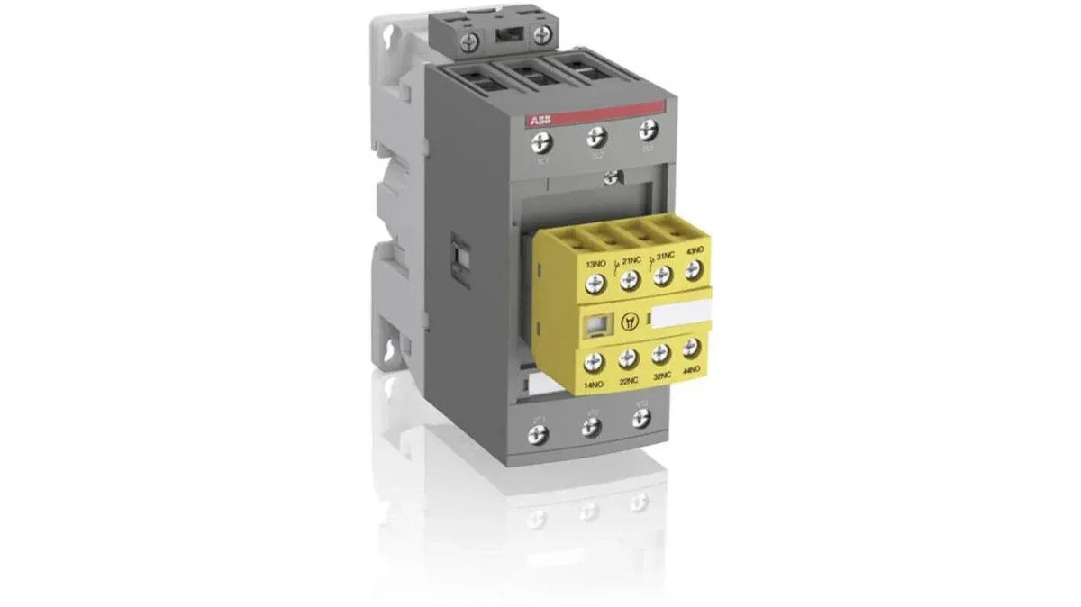 ABB industrial contactor with yellow auxiliary terminal block for electrical control systems