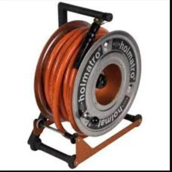 Holmatro orange hose reel with sturdy metal frame for industrial use