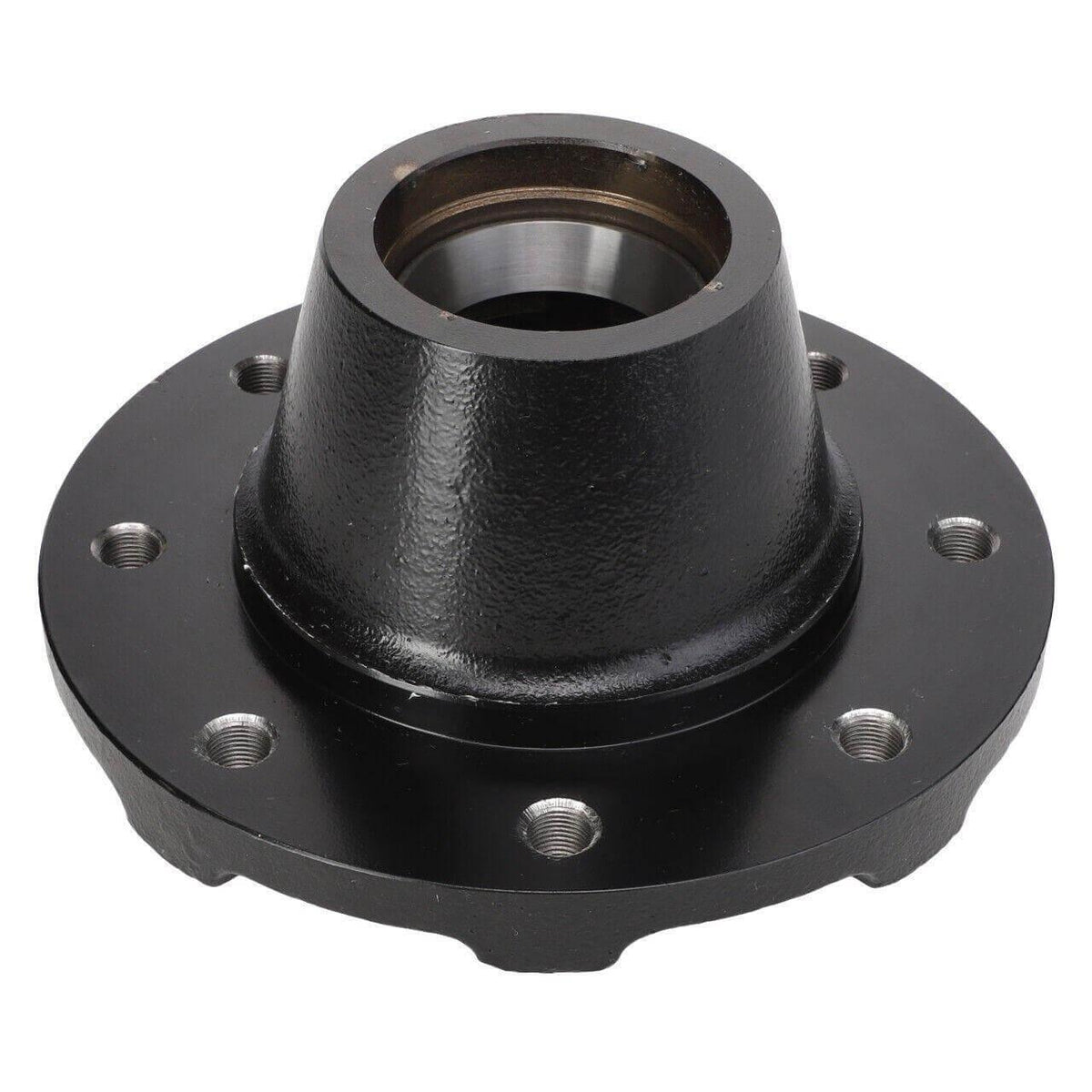 Black cast iron flange hub for tractor or truck axle, heavy-duty industrial part with bolt holes