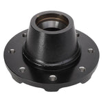 Black cast iron flange hub for tractor or truck axle, heavy-duty industrial part with bolt holes