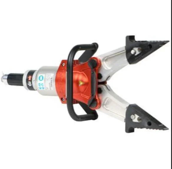 Red and silver hydraulic rescue tool with black handles and sharp cutting jaws