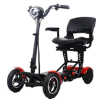 Red and black mobility scooter with comfortable seat and handlebar controls