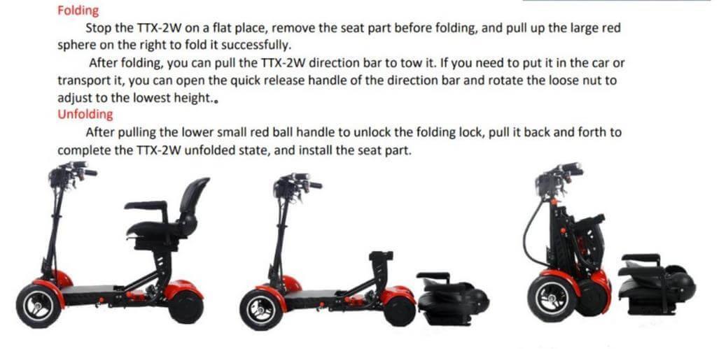 TTX-2W mobility scooter folding and unfolding guide with red accents and seat removal steps