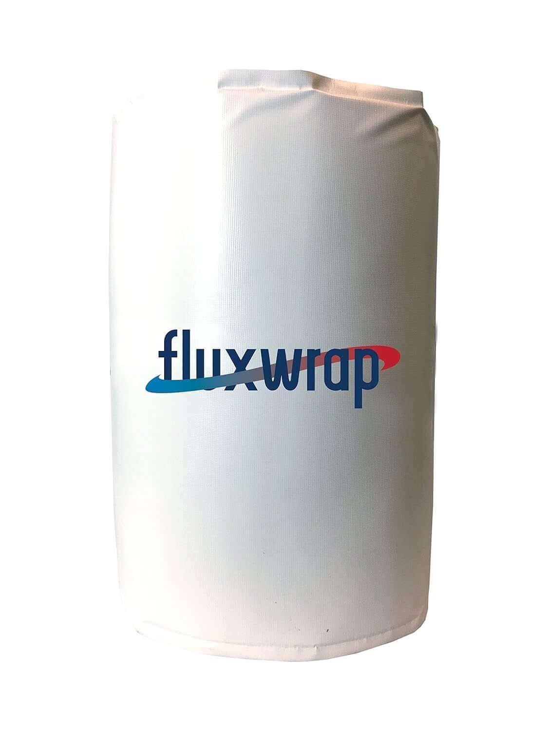 Fluxwrap branded white cylindrical cover with blue and red logo, suitable for industrial equipment protection.