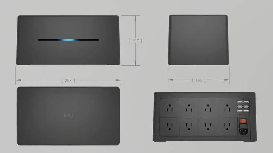KAI power strip with multiple outlets, USB ports, and dimensions shown for office or home use