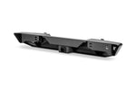 Black heavy-duty truck front bumper with integrated LED lights and tow hitch