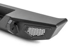 Black heavy-duty truck bumper with honeycomb grille and tow hook, rugged off-road design