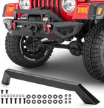 Black off-road bumper with red hooks for Jeep, includes mounting hardware and winch compatibility