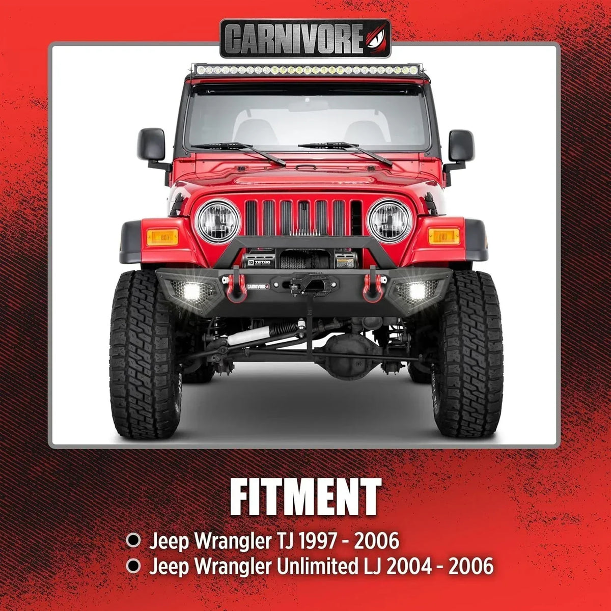 Red Jeep Wrangler with Carnivore front bumper and LED lights, compatible with TJ and LJ models