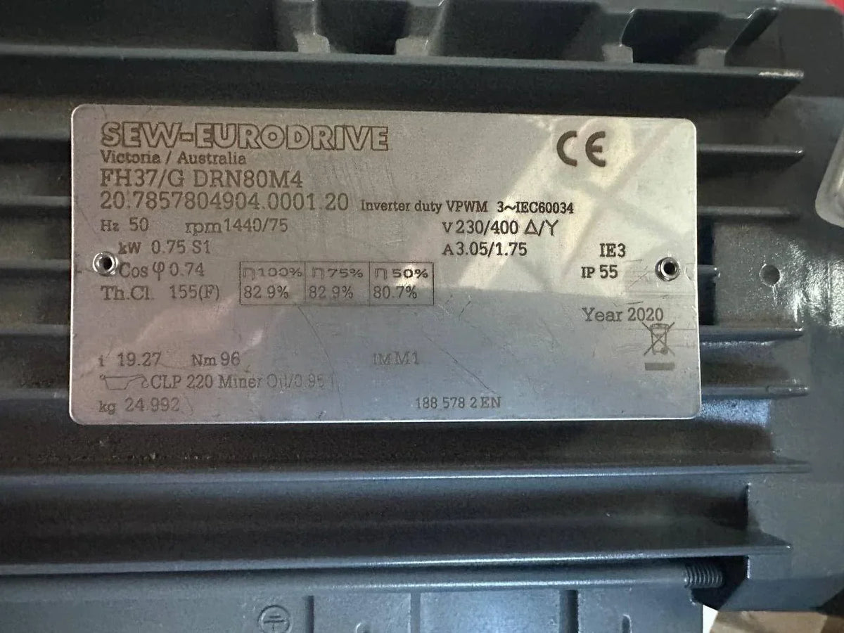 SEW-EURODRIVE industrial motor nameplate with specs, CE mark, IP55, IE3 efficiency, 2020 model