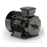 Black industrial electric motor with mounting base and shaft, suitable for machinery and equipment applications