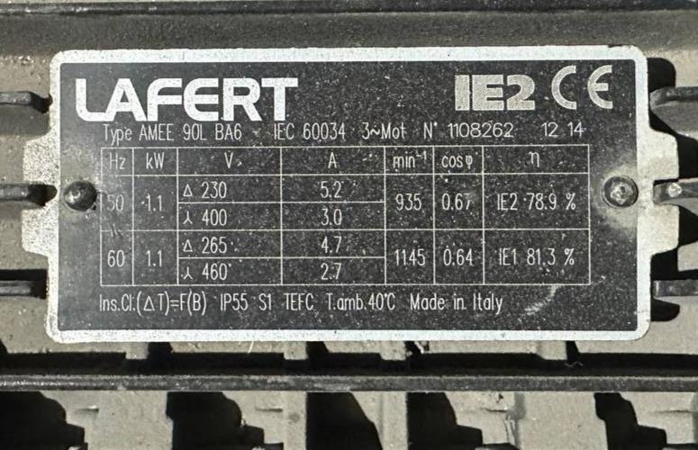 Lafert electric motor nameplate with IE2 efficiency, 1.1kW, 3-phase specs, Made in Italy