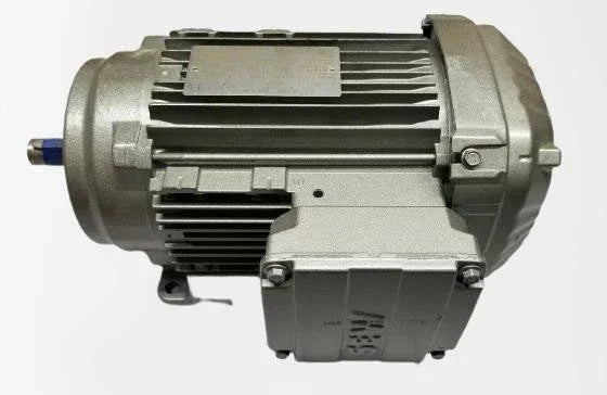 Industrial electric motor with cooling fins, metal housing, and blue shaft end for machinery applications
