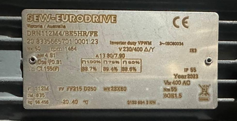 SEW-EURODRIVE inverter duty V PWM motor label with technical specs and CE marking